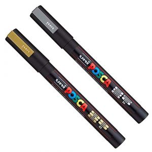 Posca PC-3M Lot de 2 marqueurs artistiques type peinture Pour tissu, verre, métal Doré et argenté (1 de chaque) (Ponera, neuf)