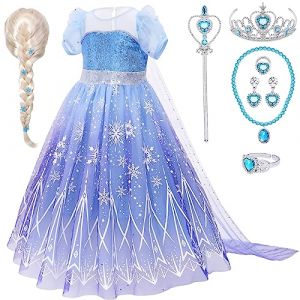 Deguisement Reine Des Neiges Fille avec Elsa Perruque Couronner Collier Bracelet Robe Reine Des Neiges Princesse Elsa Costume pour Fille 3 4 5 6 7 8 9 10 Ans Anniversaire Noël Halloween Carnaval (110) (Tacobear EU, neuf)