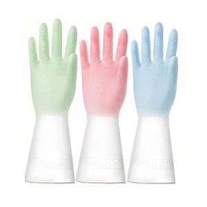 AORHOFJ Gants Vaisselle, Gants Cuisine，Gant Menage，Gants de ménage parfumés, Doublure floquée, Gants en Caoutchouc imperméables et antidérapants pour la Cuisine et la lessive, (3 Paires M) (ZHAO WEIXIN DE DIAN, neuf)