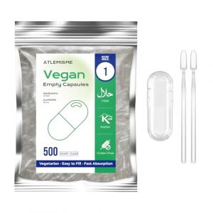 ATLEMISME G&eacute;lules Vides V&eacute;g&eacute;tales Taille 1 - Lot de 500 avec 2 Cuill&egrave;res - Sans G&eacute;latine - G&eacute;lules Faciles &agrave; Remplir et &agrave; Dissoudre Rapidement - Id&eacute;ales pour Compl&eacute;ments Alimentaires et Poudres (ATLEMISME, neuf)