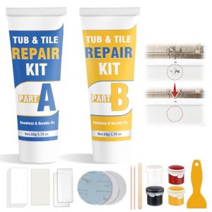Kit Réparation Émail Baignoire Imperméable, Réparer Rayures, Trous, Fissures Céramique Carrelage, 4 Teintes Base, Résistant Eau Chaleur, Réparation Durable avec Spatule Papier Abrasif (1 pack) (Yondarli, neuf)