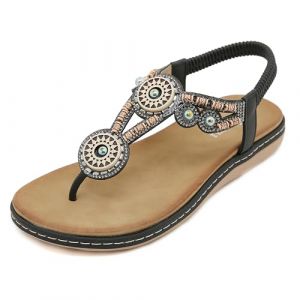 FOGOIN Sandales Femme Été Confortable Tong Mode Bohème Chaussures pour Plage Plate et Elégant,42 EU,Noir (Baixiangguo, neuf)