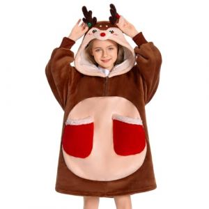 OLAOLA Sweat &agrave; Capuche Couverture Surdimensionn&eacute;e Renne pour Enfants, Pull Plaid &agrave; Capuche en Polaire Sherpa avec Manches et Poches, Sweat Plaid Doux et Chaud pour Filles Gar&ccedil;ons (pitgeem, neuf)