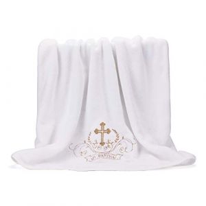 Lacofia Serviette de Baptême Couverture de Baptême Bébé Unisexe,Blanc avec Broderie en Croix Dorée,Cadeaux Personnalisés pour Garçons ou Filles,Serviette de Bain Taille 150 * 75 CM (Lacofia, neuf)
