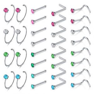 Mayhoop Piercing Nez Anneaux Studs Acier Inoxydable 20G en Forme de L et en Spirale Anneaux de Nez en Forme C Argent Bijoux de Piercing 32Pièces (Mayhoop, neuf)