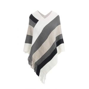 Rayson Cape Poncho Femme Tricot&eacute; avec Rayures Hiver Chaud Poncho Chale Femme Long col V Chic Crochet Pull Poncho avec Franges(Blanc,Taille Unique) (RSSAA, neuf)