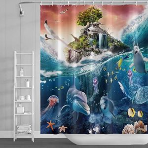 SDOTPMT 122x183cm Océan Dauphin Rideau de Douche Île Éléphant Wild Animal Marin Tropical Poisson Rideau de Bain sous-Marin Paysage Rideau de Baignoire pour Salle Bains Polyester avec Crochets (SDOTPMT, neuf)