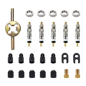 VooGenzek 25 Pièces Kit de Remplacement de Valve de Sclaverand Vélo, Adaptateur Presta Valve Vélo, Outils Pneus Vélo avec 5 Valve Presta, 2 Adaptateur Presta à Schrader, Bouchon Valve, 2 Clé, 5 Écrou (VooGenzek, neuf)