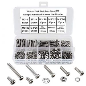 FandWay 600 Pièces M3 Vis à Métaux Tête Bombée,Vis a Tête Ronde Cruciformes en Acier Inoxydable 304 DIN 7985 Vis à Tête Ronde Croix Entièrement Filetées Avec Boulons et écrous Rondelles. (FandWay, neuf)