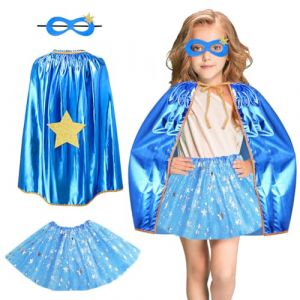 AUYAO Capes de Super Héros pour Filles, 3Pcs Cape et Masque de Super Héros avec Jupe Tutu, Masque Super Heros, Costumes de Super Habiller, Deguisement de Super Héros Enfant pour Halloween, Carnaval (Yadark, neuf)