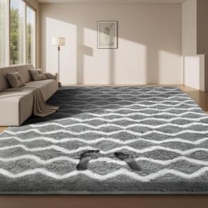 Sour Lemon Tapis De Salon Poils Longs Grand Tapis de Sol Doux et Moelleux pour Chambre Design Moderne Dessous Antid&eacute;rapant Lavable, Tapis Ray&eacute; Gris Clair et Blanc, 200x300 cm (guixinwang, neuf)