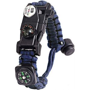 Bracelet Paracorde Survie pour Homme Femme, Militaire Paracord Bracelet Kit avec Flint + Boussole + Thermomètre + Sifflet + Lumière LED pour Extérieur, Randonneur, Baroudeur, Explorateurs (Bleu) (BXooo, neuf)