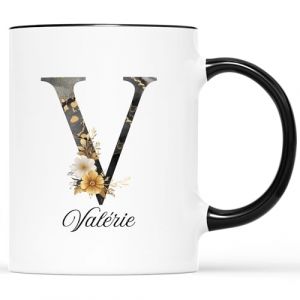 ?????? ???? Mug Personnalis&eacute; Pr&eacute;nom - Mug Lettre V En Marbre Avec Fleurs - Mug Marbre Personnalis&eacute;, Tasse Alphabet Design, Tasse Pr&eacute;nom Initiale, Lettres Design Tasse Avec Lettre, Mug Lettre (CadeauPlus, neuf)