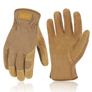 HANDLANDY Gants de travail pour homme et femme, gants de jardinage utilitaires en cuir – Gants de sécurité en cuir de vache dextérité et design respirant (taille M, marron) (HANDLAND, neuf)