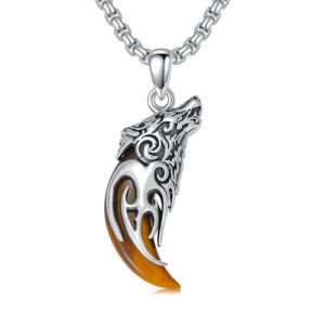 HARMONY BOLA Collier loup en argent sterling 925 avec pendentif en forme de dent de loup œil de tigre - Bijoux d'anniversaire et de Noël pour homme, Argent sterling, Œil de tigre (HARMONY BOLA Jewellery, neuf)