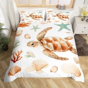 Homewish Housse de Couette Tortue de Mer 140x200 avec 1 Taie d'oreiller, Parure de Lit Enfant Thème de Plage Côtièr, Sets de Housses de Couettes Tortue Marine, Couvre Lit Coquillage de Mer (Suzhou yiyanyun e-commerce Co., Ltd, neuf)