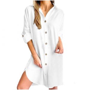 AEGJEGVD Soldes 2025 Robe Chemise Droite Boutonn&eacute;e Devant Blanche Coton Lin Femme Grande Taille D&eacute;contract&eacute; &agrave; Manches Longues Robe de Plage Ample Tunique Robes Longueur Genou R&eacute;tro Maxi Longue Dress (⭐⭐⭐⭐⭐AEGJEGVD⭐⭐⭐⭐⭐, neuf)