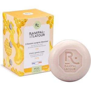 Rampal Latour - 3 Savonnettes rondes surgrasses - Mains et Corps - Parfum Miel - Soin Nettoyant Surgras, Adoucissant et Nourrissant - 97,3% d'origine naturelle - 3x125g (RAMPAL LATOUR, neuf)