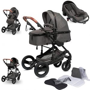 Bronea - Poussette 3 en 1 'Exquise' Ensemble complet INCLUS siège auto et matelas Plusieurs couleurs Pliable avec sac à langer,housse de pluie,moustiquaire,cache-soleil, Couleur:gris/noir (Bronea, neuf)