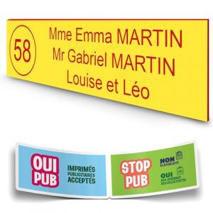 DECOHO - Plaque Boite aux Lettres personnalisée adhésive - PMMA Jaune Lettres Rouges - 100x25 mm, 3 Lignes, Stickers Stop PUB offerts - Jaune (DECOHO, neuf)