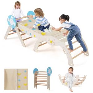 GOPLUS 7 en 1 Triangle Escalade Montesorri pour Enfants 1 Ans+, Parcours Montesorri Bebe Bois Pliable avec Arche, Rampe, Corde&Échelle, Pont, Aire de Jeux Intérieur (Capitaine|7 en 1,Naturel) (Augenstern24, neuf)