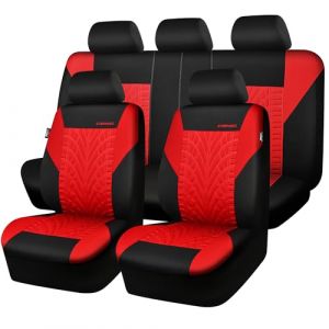 CAR PASS Housses de si&egrave;ge Voiture compl&egrave;tes pour Auto, Camion, SUV, Couvre Siege Auto avec Impression de pneus 3D, Compatibles avec airbags, Installation Rapide (Ensemble Complet, Noir et Rouge) (Flying Banner EU, neuf)