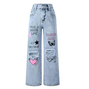 Happy Cherry Filles Jeans Jambe Large Enfants Mode D&eacute;chir&eacute; Trou&eacute; Jean &Eacute;lastique Taille Bleu Clair Denim Pantalon Large avec Poches, 9-10 Ans (QIAOEU, neuf)