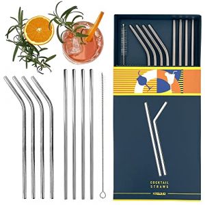 Pailles R&eacute;utilisables Inox pour Cocktail, Lot de 16 Pailles Mojito M&eacute;talliques, Paille Droite et Courb&eacute;e (8 + 8) en Acier Inoxydable, 2 Brosses de Nettoyage, Goupillons en M&eacute;tal et Nylon (KOOLTHO, neuf)