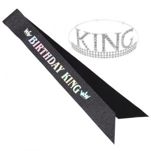 LRXIYODE Couronne D'anniversaire pour Hommes &Eacute;charpe Assortie, Ensemble de D&eacute;coration Royale Argent&eacute;e et Noire, Accessoire de F&ecirc;te Joyeux Anniversaire, Taille Unique Confortable (XPWU, neuf)