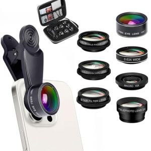 Kit d'objectif 7 en 1 pour T&eacute;l&eacute;phone Portable, Objectif 7 en 1 pour Smartphone, Grand Angle 0,63X, Fisheye &agrave; 198&deg;, Macro 15X, Objectif Portrait 2X, CPL, Objectif kal&eacute;idoscope, Objectif Starlight (西安玮双商贸有限公司, neuf)