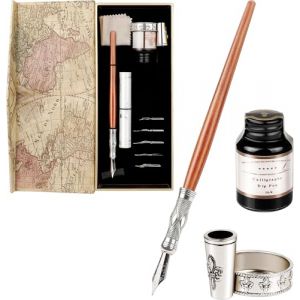 GC QUILL Coffret Calligraphie avec Stylo Plume, 5 Pointes & Encrier Noir &ndash; Kit Calligraphie D&eacute;butant, Porte-Porte-Stylo pour &Eacute;criture, Dessin, Lettrage & Cadeau &Eacute;l&eacute;gant (CYMER, neuf)