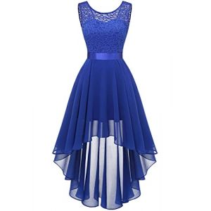 Berylove 7035 Vintage Robe de Cocktail Pin Up High Low en Dentelle Mousseline pour Mariage Soirée Bal Jupe Asymétrique sans Manche avec Ceinture Bleu Royal L (Berylove, neuf)