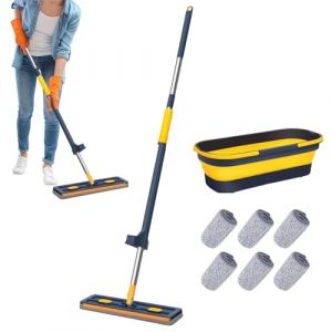 Grand Balai Plat Et Syst&egrave;me De Seau, 360&deg; Rotation Balai Serpill&egrave;re Absorbant avec 6 Coussinets en Microfibre R&eacute;utilisables Secs Et Mouill&eacute;s (Bleu + 6 Pcs Rag + Seau) (yonjuxn, neuf)