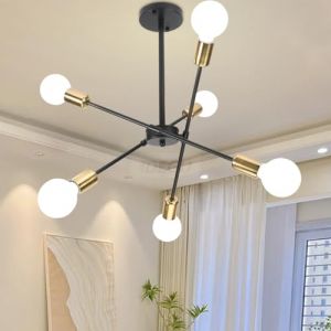 iDEGU Lustre Industriel, 6 Lumi&egrave;res Plafonnier LED Luminaire Vintage en M&eacute;tal R&eacute;glable Suspension E27 &Eacute;clairage R&eacute;tro Lampe de Plafond pour Salon Cuisine Salle &agrave; manger Chambre (Noir + Dor&eacute;) (IDEGU, neuf)