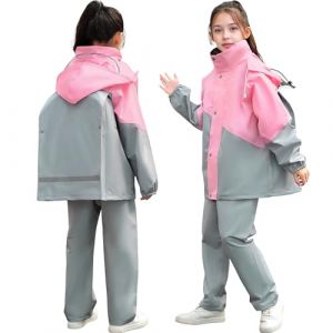 Baogaier Enfants Imperméable à Capuche, Unisexe Fille Garçon Léger Manteau Veste de Pluie et Pantalon Combinaison avec Bandes Réfléchissante, pour Sport Randonnée Voyage 13-14 Ans, Gris Rose (Baogaier, neuf)