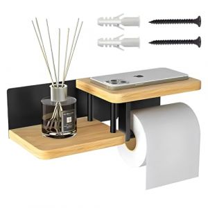 Porte-papier toilette avec &eacute;tag&egrave;re, porte-rouleau de papier toilette sans per&ccedil;age, porte-papier toilette en bambou et acier, support pour rouleau de papier toilette pour salle de bain et cuisine (ziwenChenRong, neuf)