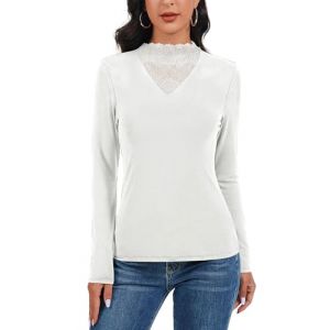 WOWENY T-shirt &agrave; col roul&eacute; pour femme avec dentelle - Haut &agrave; manches longues - &Eacute;l&eacute;gant - Col montant - Sous-pull - Coupe ajust&eacute;e - Pull &agrave; col roul&eacute; fin - Stretch - Hauts, Blanc., M (EU Creative Fashion, neuf)