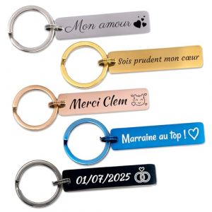 Porte-clé personnalisé inox avec texte et icônes - Porte clé voiture chic en acier inoxydable poli, gravure personnalisable, cadeau anniversaire bagages vacances, numéro de téléphone (StarMaker, neuf)