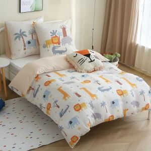 FEKOHIPY Housse de Couette Animaux 140x200 cm + 2 taies d'oreiller 65x65 cm en Microfibre 3 Pièces Parure de Lit Enfant Cadeau Anniversaire Fête Noël Fille Garçon Blanc et Jaune Lion Girafe (Fekohipy Home, neuf)