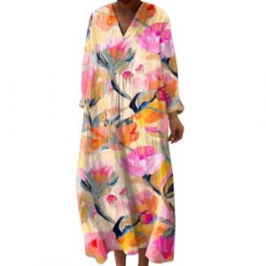 Robe Ete Femme Mi Longue Fluide Coton Chemise Robes Manches Longues Ample Casuel A-Line Imprim&eacute; Fleur Robes Col V Ronde Boh&egrave;me Robe De Soiree Femme Vintage Dress pour F&ecirc;te Travail (Anglekie, neuf)
