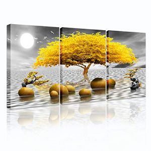 hyidecorart Tableau Decoration Murale Salon Moderne, 3 Pièces Tableaux Arbre De Vie Jaune, Nature Mer Paysage Impression Sur Toile, Decoration Murale Chambre Salle De Bain Cuisine Bureau (Makapako, neuf)