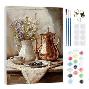 RICUVED Cafeti&egrave;re Peinture par Num&eacute;ros Adulte,Fleur Peinture par Num&eacute;ros Kits avec Cadre en Bois Toile Huile Peint la Main avec Pinceaux Kits Adultes Artisanat pour la Maison 20x30cm (FANDIJIA, neuf)