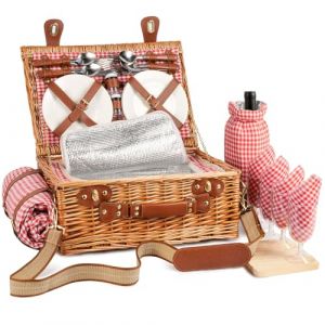 Panier de pique-nique en osier pour 4 personnes, avec compartiment isotherme et couverture de pique-nique imperméable, sangle amovible, sac à vin, couverts, pour le camping, la plage, la randonnée, le (yinqidianzi, neuf)