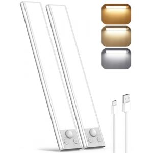 Demkia Lampe LED Rechargeable Cuisine Reglette, USB Sans Fil Lampe Detecteur de Mouvement Interieur 3 Couleurs Dimmable Placard Eclairage Magnétique Lampe d'Armoire pour Escalier Dressing, 2 Pack (YYKJUS, neuf)