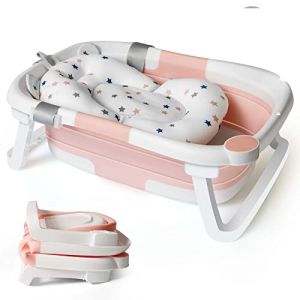 Baignoire Bebe Pliable Coussin Support Beignoire Bébé Pliante Benoire Bain Douche Begnoire Enfant Reducteur Siège Hamac Bassine Réducteur Antiderapant Bouchon Confort Voyage 0-3 ans Fille Bathtub Rose (Joy MALL, neuf)