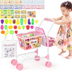 deAO Chariot de Courses pour Enfants 3 Ans+, Caddie Jouet avec Siège pour Poupée, 31 Aliments Jouets Billets Argent, Sac à Provisions, Jeu de Rôle Magasin, Cadeau Enfant Rose (FOSDA, neuf)