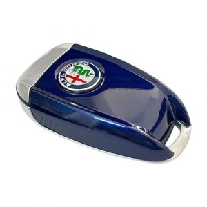 JUNMEI Coque de cl&eacute; de Voiture en Fibre de Carbone ABS avec Logo 3D Noir pour Alfa Romeo Giulia Stelvio Tonale (Logo color&eacute;, Bleu) (Yao Shen8, neuf)