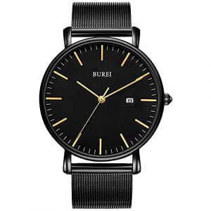 BUREI Montre Quartz Ultra-Fine pour Homme Mouvement Quartz Japonais m&eacute;canique pour Homme Le pour Les Gentlemen (Noir jaun&acirc;tre, Acier Inoxydable) (EU Watches, neuf)