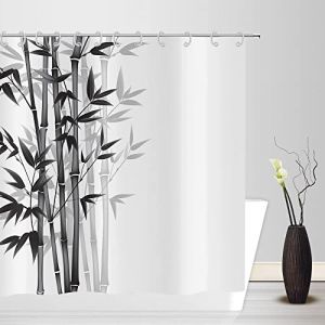 ASDCXZ Rideau de Douche en Bambou 180x180 cm, &eacute;l&eacute;gant Simple Feuilles de Bambou Noir Rideaux de Douche de Lavable Textile imperm&eacute;able Rideau de Douche Blanc pour Baignoire avec 12 Crochets (Qingjuan Trade, neuf)