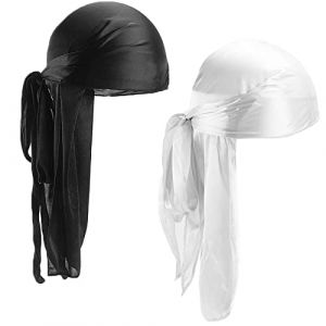 Mikihat 2Pcs turban Durag à Longue Queue, Unisexe Silk Durag Larges sangles Bandeaux Headwrap Bandanas Chapeau Hat Durag Pirate Hat pour Hip-hop Décoration Quotidienne (Noir+Blanc) (bestimeth, neuf)